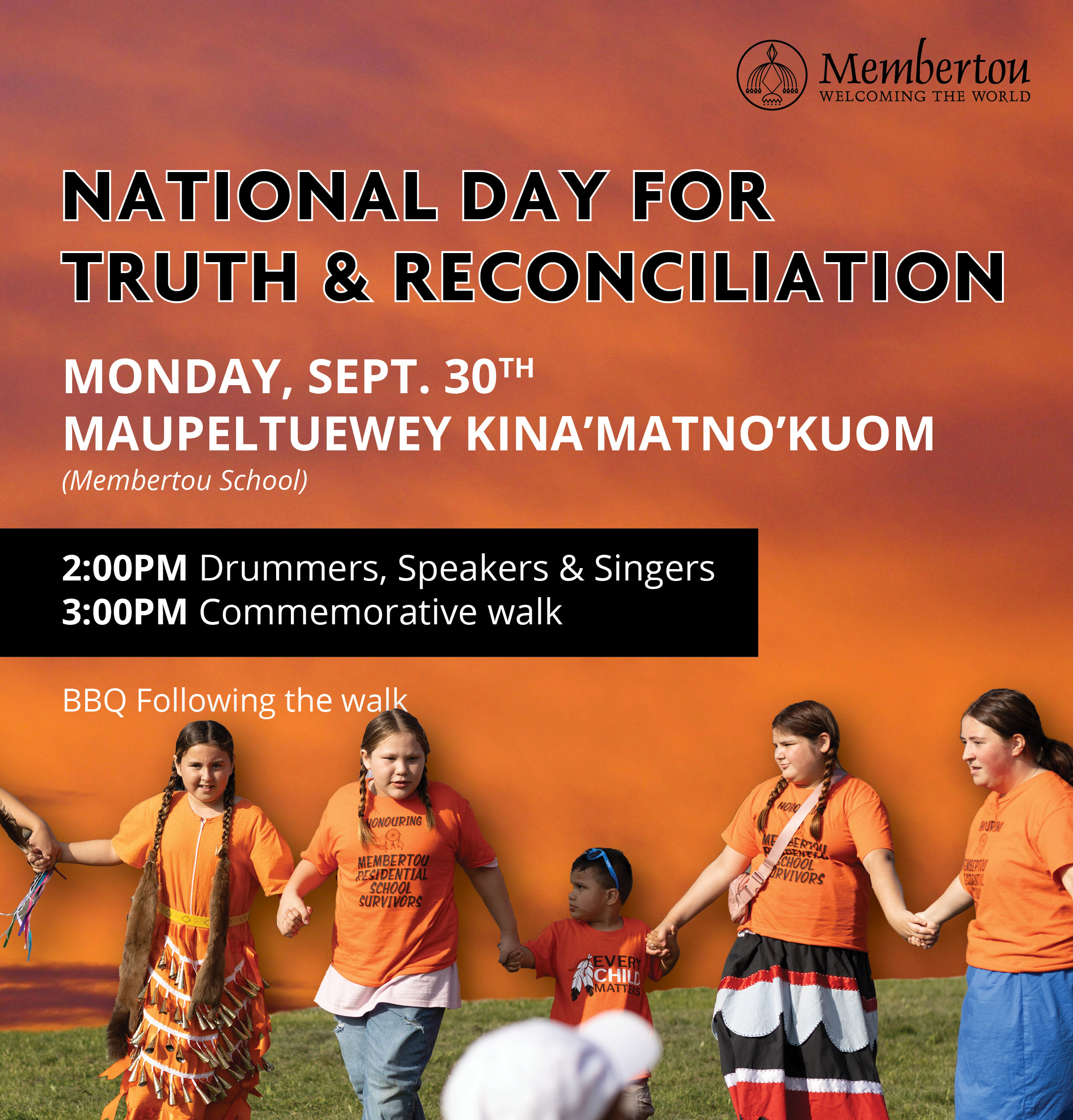 A photo providing the Walk information regarding National Day for Truth & Reconciliation beginning at the Membertou school starting at 2:00pm on September 30, 2024.