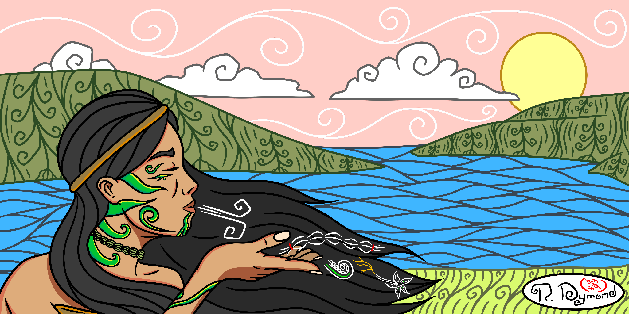 Summer Spirit artwork showing a woman resting beside blue water, green hills and a yellow sun
